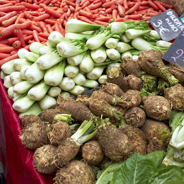 celeriac, fennel and carrots at the local market