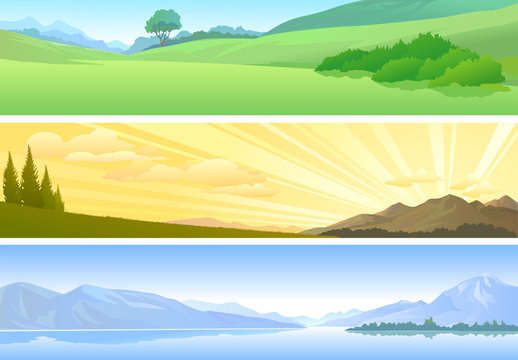 NEW BANNERS -  NATURE THEMES -  LAKE ,SUNRISE AND GREEN-FIELD