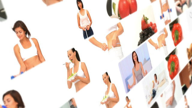 Montage of healthy foods and woman doing fitness exercises