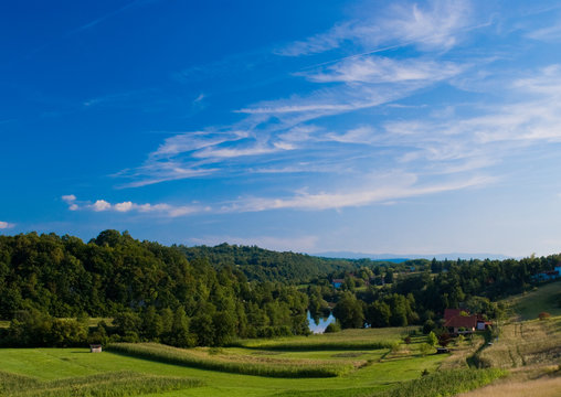 A peaceful valley in the summer with green forest and fields wit
