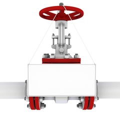 white plate on the valve with a red wheel