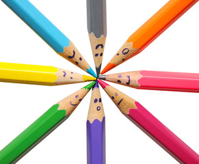 Happy group of pencil faces as social network