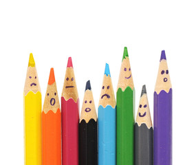 Happy group of pencil faces as social network