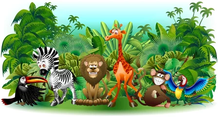Gordijnen Animali Selvaggi Cartoon Jungle-Wilde dieren Achtergrond-Vector © BluedarkArt