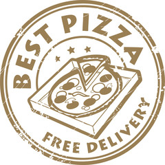 Stamp with pizza in box and the text Best pizza - free delivery