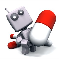 3D Gray Robot with Medicine Pill