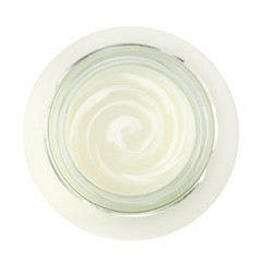 Glass jar of fresh yogurt isolated on white, top view