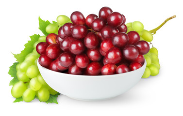 Isolated grapes of different colors. Red and white grapes in a bowl  isolated on white background