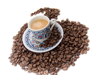 espresso coffe in turkish national pottery, isolated over white