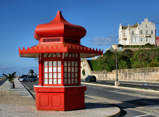 Red kiosk in Foz do Arelho, Portugal
