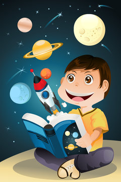 Boy reading astronomy book