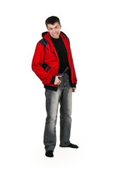 Naklejka premium young thug in a red sweater with a gun