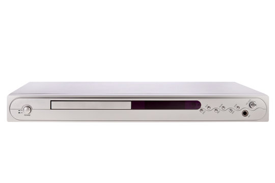Silver DVD player isolated on white background.