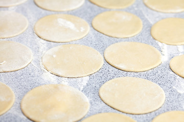 round shape of the dough with flour on the table