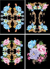 four blue flower designs on black