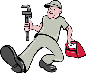 plumber running with monkey wrench toolbox