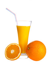 Orange juice and slices of orange isolated on white