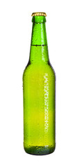 Beer bottle with drops isolated on white
