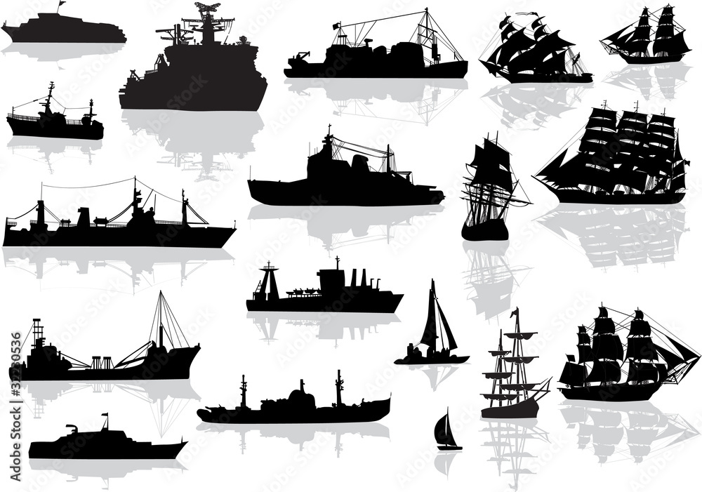 Sticker set of different black ships isolated on white