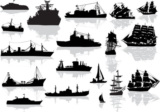 set of different black ships isolated on white