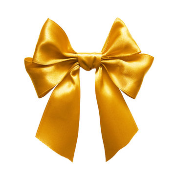 Gold satin gift bow. Ribbon. Isolated on white