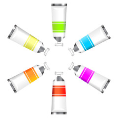 Paint tubes with different colors isolated over white