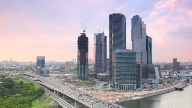 Modern city during sunset