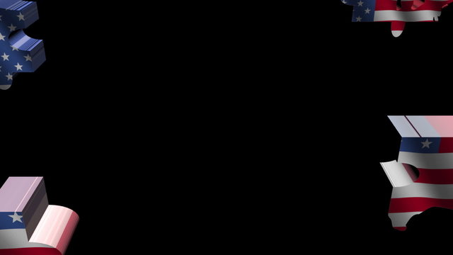 Pieces of USA map flag converging animation