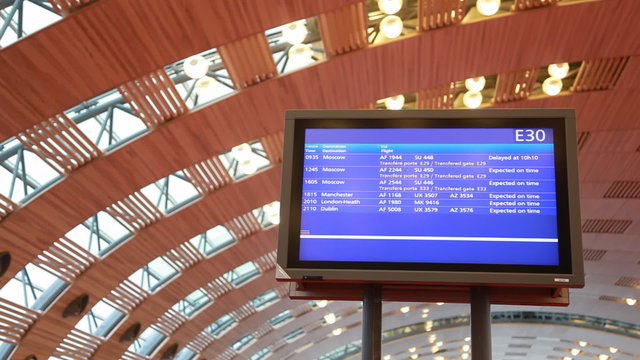 electronic information board under arched ceiling of airport