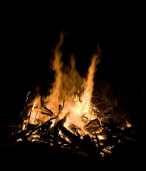 Campfire burning brightly and hot on a dark night