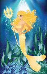 Abwaschbare Fototapete Meerjungfrau Goldmeerjungfrau mit Dreizack, Vektorillustration