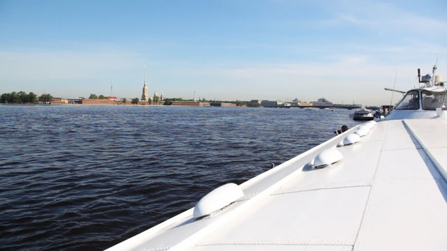 hydrofoil vessel stands on Neva River