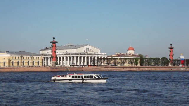 boat floats on river at Basil Island in St. Petersburg