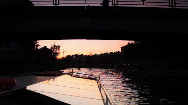 boat floats by channel  in Saint Petersburg