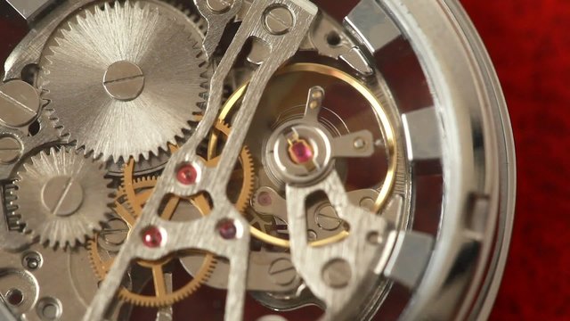 Moving metal gears inside working watch mechanism