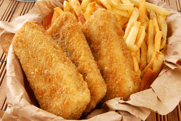 Breaded fish sticks and french fries