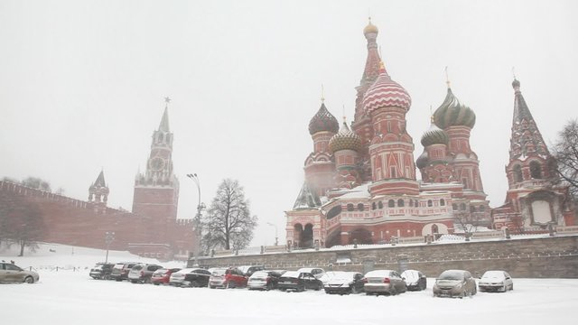 Moscow Kremlin's Spasskaya Tower and Saint Basil's Cathedral