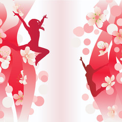 vector jumping women on red flowers backdrop