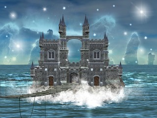 Castello in mezzo al mare con ponte di legno © EllerslieArt