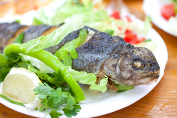 Grilled trout on white dish