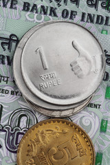 Closeup of Indian Rupee Coins on notes