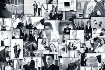 A collage of images with businesspeple in formal clothes