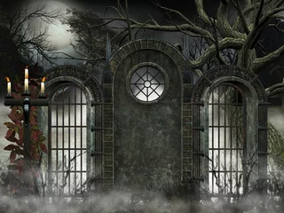 Fotobehang sfondo gotico - cancello con nebbia © EllerslieArt