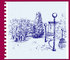 spring park ink drawing in a notebook
