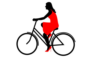 Frau radelnd - Radfahrerin mit rotem Kleid und Schuhen