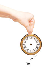 Hand with clock isolated on white background