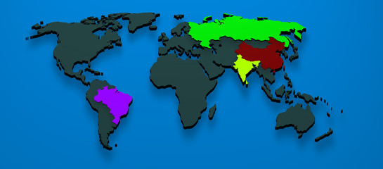 3d map formed by the BRIC countries Brazil, Russia, India and Ch