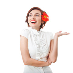 Beautiful woman with flower gerbera against white background
