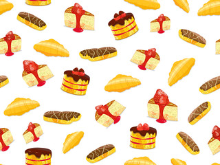 Seamless Pattern with Cake, Croissant and Eclair
