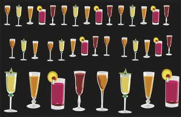 Copas y vasos con direbtes tipos de bebidas
